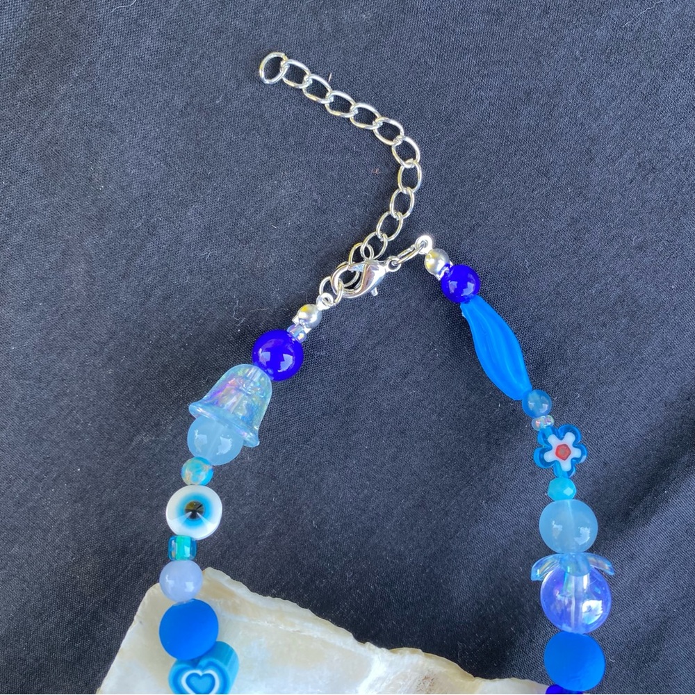 Ethereal Realms Blue Tone Beaded Necklace Silver Mushroom Roses Heart Hamsa - Picture 7 of 7